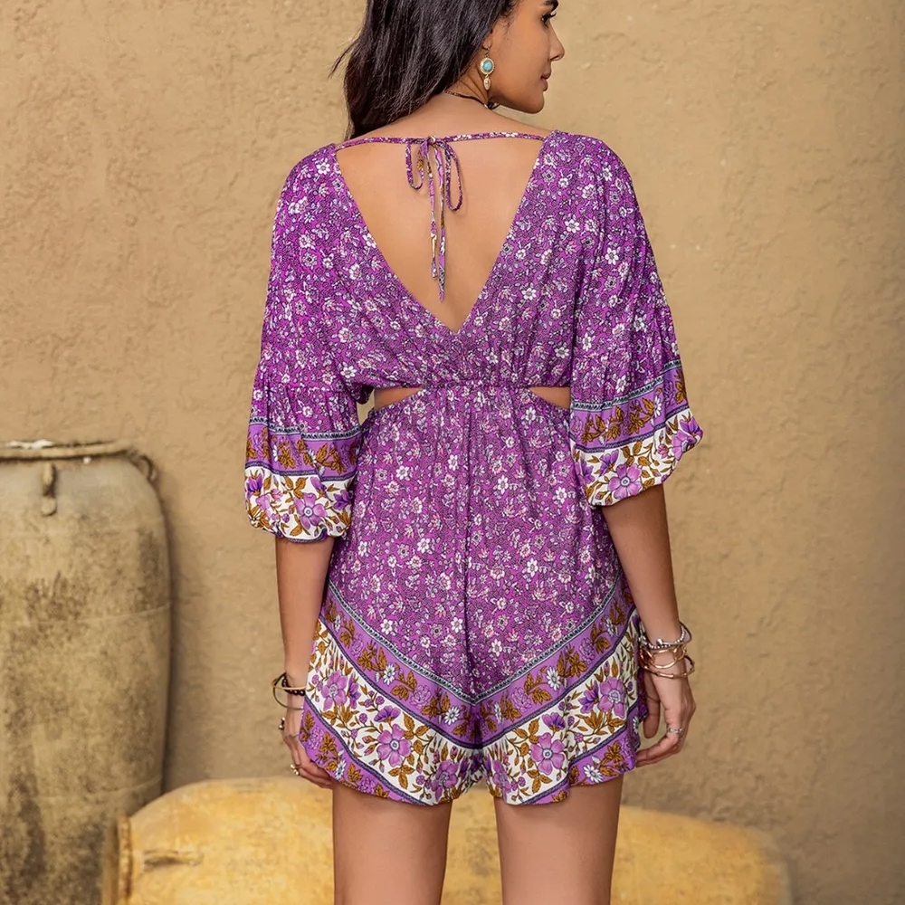 RusttyDustty Purple Floral Cutout Romper EUC - Picture 6 of 9